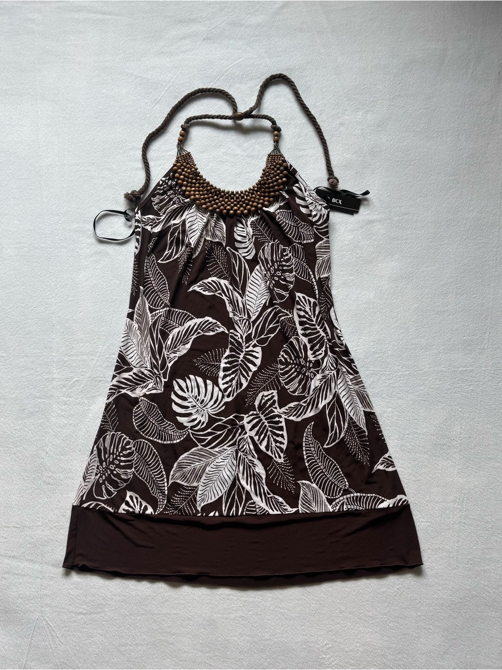 BCX Brown White Tropical Halter Mini Dress Beaded Neckline Boho Y2K Resort Sz M